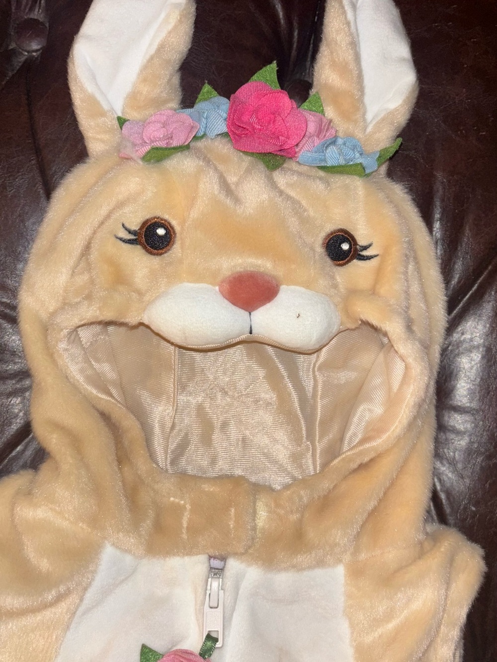 Kids Plush Bunny Hooded Costume - Tan with Pink Flower Accents 12M